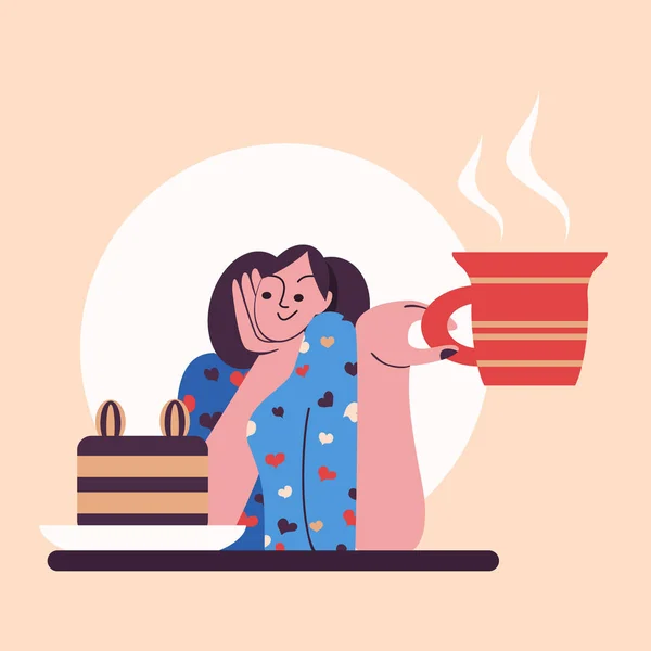Girl Large Mug Hot Drink Sitting Cafe Cake Table Vector — Archivo Imágenes Vectoriales