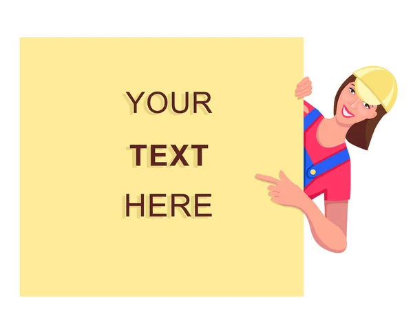 A smiling woman in a cap and work overalls points finger at a banner or text announcing a sale. Vector isolated flat illustration for advertising building materials.