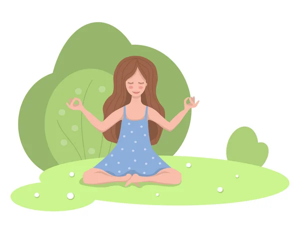 Girl Blue Dress Meditates Park Nature Summer Grass Flowers Green — Vector de stock