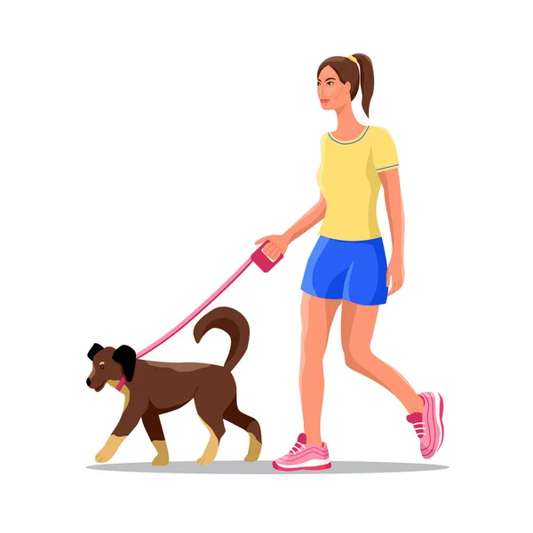 Girl Dog Woman Walking Dog Park Outdoor Activity Concept Vector — Vector de stock