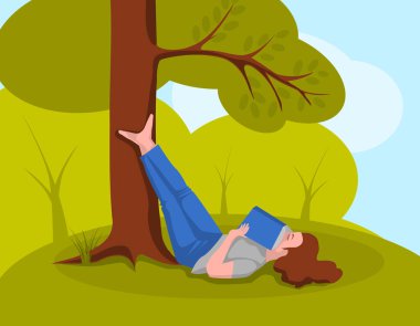 Girl in blue jeans with a book sleeps under a tree in the park. Vector illustration in flat style, isolated on white background