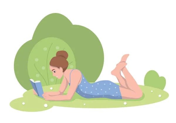 Girl Blue Dress Reading Book Park Nature Summer Grass Flowers — 스톡 벡터