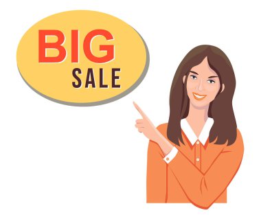 Smiling girl in orange shirt points finger at the banner with announcement about discount. Big sale. Vector isolated flat illustration for advertising.