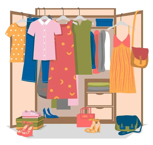 Female wardrobe or closet. Summer women's shoes standing on the floor. Bags lay on the floor. Clothes hang on hangers, lying on shelves. Colorful flat cartoon vector illustration