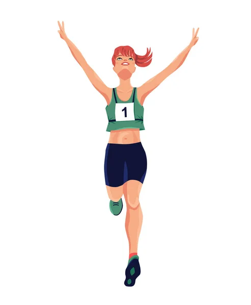 Happy Woman Runs Finish Line First Front View Girl Wins — Stockfoto