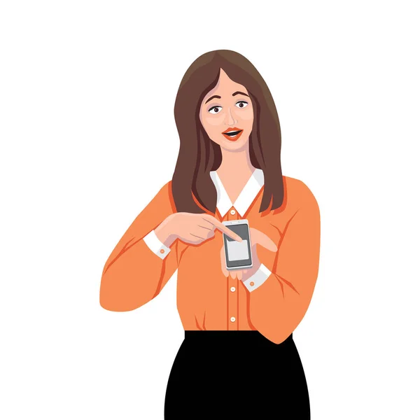 Surprised Girl Orange Shirt Points Her Finger Message Her Phone — Stock Vector