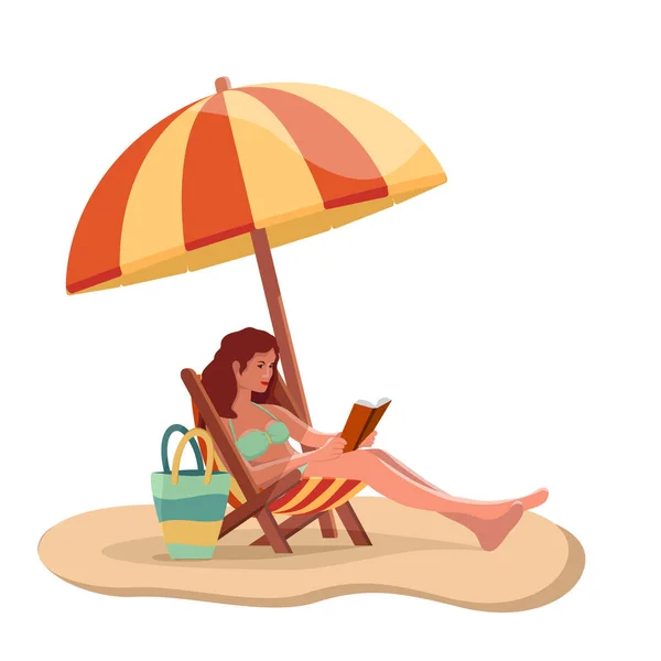 Woman reading a book in a chair on the beach. The girl is resting on the beach. Vector illustration in flat style.