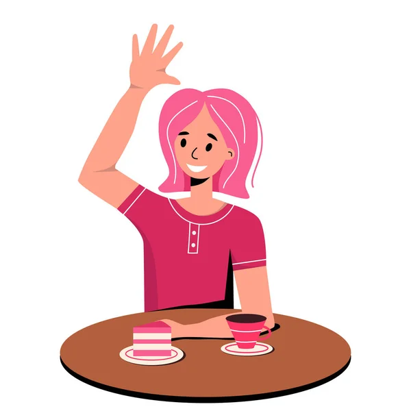 Smiling girl sitting at a table in a cafe and waving her hand. Young woman saying hello. Happy female character greeting a friend. Cartoon vector illustration in flat style.