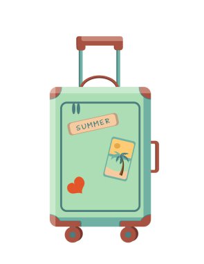 Seyahat çantası, etiketli bavul. Uçağın bagajı. Turizm. Beyaz arkaplanda izole edilmiş renkli düz vektör illüstrasyonu.