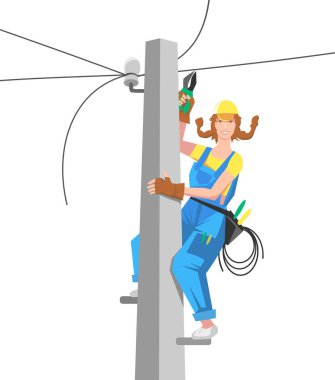 Direkteki kadın elektrikçi elektrik ağlarını tamir etmekle meşgul. Elektrikli aletlerle çalışan neşeli bir kadın. Vektör düz tasarım çizimi.