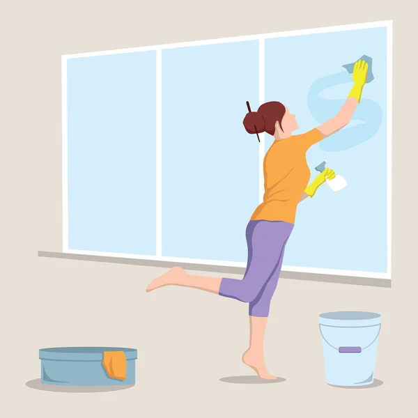 Woman Washes Window Girl Cleaning Window Concept Illustration Homework Vector — Stock vektor