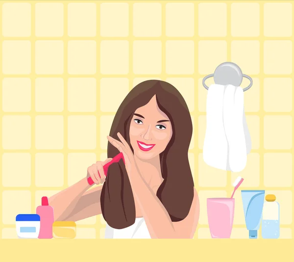 Hermosa Joven Peinándose Pelo Baño Linda Chica Haciendo Peinado Por — Vector de stock