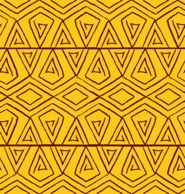 Kusursuz desenli Afrika süslemeleri. Zigzag çizgili eşkenar dörtgen elementlerin dokusu sarı arkaplandadır. El çizimi vektör illüstrasyonu.