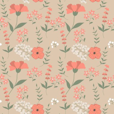 Bej arka planda kırmızı çiçekli pürüzsüz desen. Düz bir şekilde vektör illüstrasyonu. Paket kağıdı veya tekstil için doğa arkaplanı.