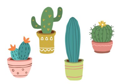 Tenceredeki farklı kaktüsler. Lezzetli. Beyaz arka planda renkli botanik koleksiyonu. Karalama biçiminde vektör illüstrasyonu