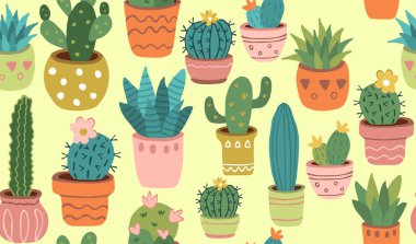 Kaktüslerde farklı türde kaktüsler olan kusursuz bir desen. Lezzetli bitkilerle dolu renkli bir geçmişi var. Karalama biçiminde vektör illüstrasyonu.