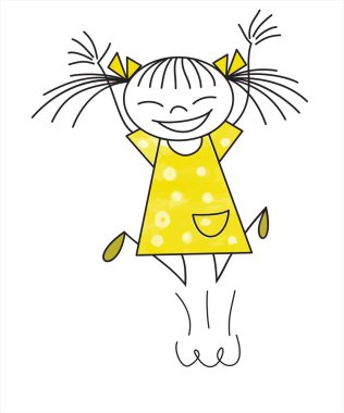 Neşeli küçük bir kız gülüyor ve sevinçten zıplıyor. Beyaz arkaplanda çocukça karalama tarzında izole edilmiş vektör illüstrasyonu.