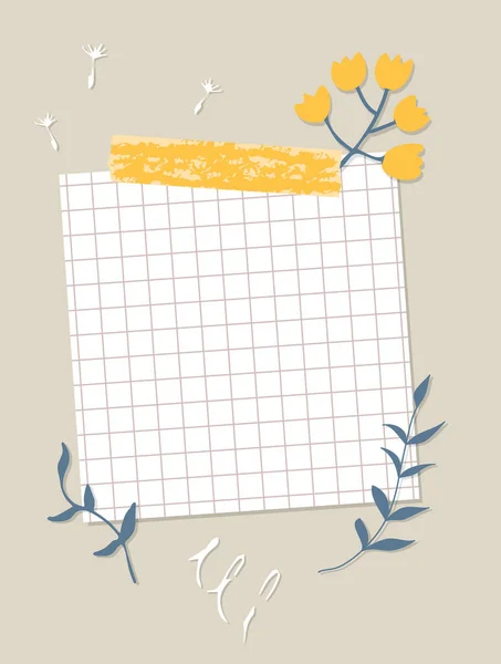 Лист Клетчатой Бумаги Приклеенный Стене Примечание Бумага Желтые Цветы Листья — стоковый вектор