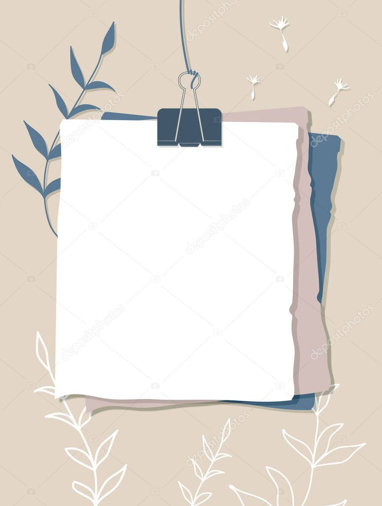 Color sheets of paper connected with a paperclip hang on a thread. Note paper, leaves, flowers outlines on a grey background. Vector illustration, flat style.