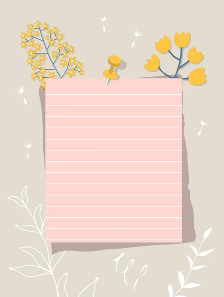 Rządzony Arkusz Różowego Koloru Przypięty Ściany Uwaga Papier Żółte Kwiaty — Wektor stockowy