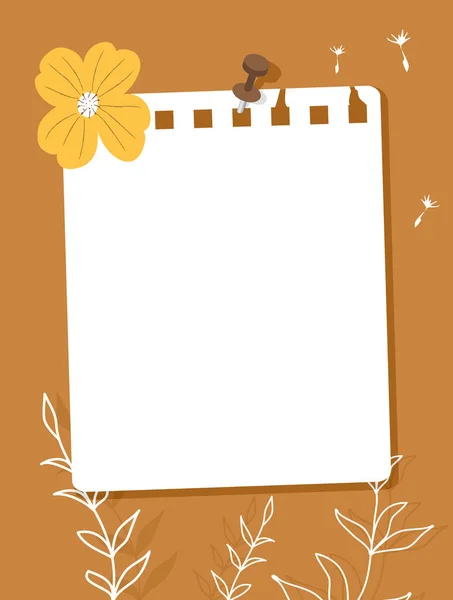 壁に固定されたノートブックペーパーのシート メモ用紙 黄色の花 花はオレンジ色の背景に輪郭を描きます ベクトルイラスト フラットスタイル — ストックベクタ