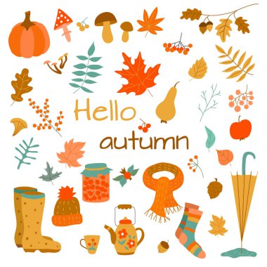 Sonbahar elementleri: renk sonbahar yaprakları, balkabağı, mantar, böğürtlen ve meyve, sonbahar giysileri, şemsiye. Beyaz arkaplanda izole edilmiş posterler, çıkartmalar, kartlar, afişler için vektör illüstrasyonu