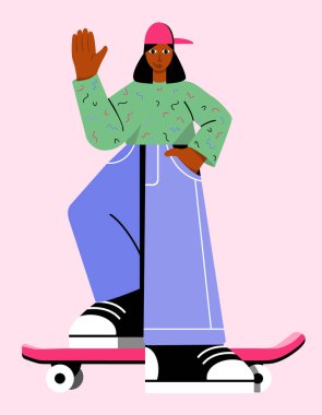 A smiling dark-skinned girl waving hand. A teenager in jeans, sneakers and a baseball cap with skateboard saying hello. Illustration in flat style.