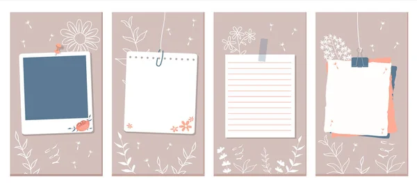 Sosyal Medya Hikayeleri Yerleşimi. Pembe çiçekler, çiçek ve yaprak hatları. Beyaz defter sayfaları, beyaz çerçeve, duvara tutturulmuş ya da bantlanmış renkli kağıtlar. Vektör illüstrasyonu, düz biçim.