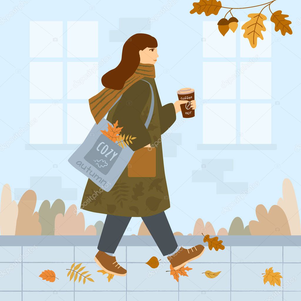 Girl in a coat and with a scarf around her neck walks down the autumn street. On the shoulder is a bag with colored leaves, hot coffee in her hands. Vector illustration in flat style