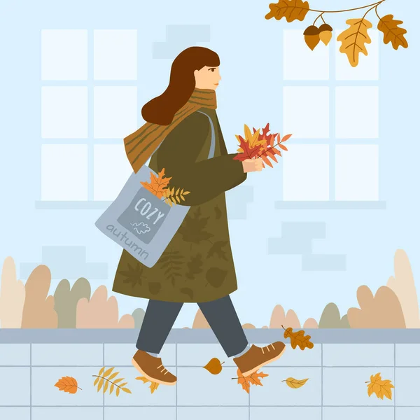 Girl Coat Scarf Her Neck Walks Autumn Street Shoulder Bag — Stok Vektör