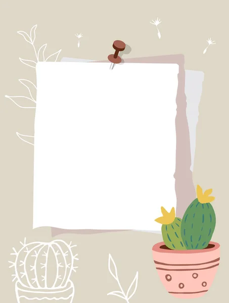 Színes Papírlapok Vannak Falra Tűzve Jegyzetpapír Virágzó Kaktuszvirág Rózsaszín Edényben — Stock Vector