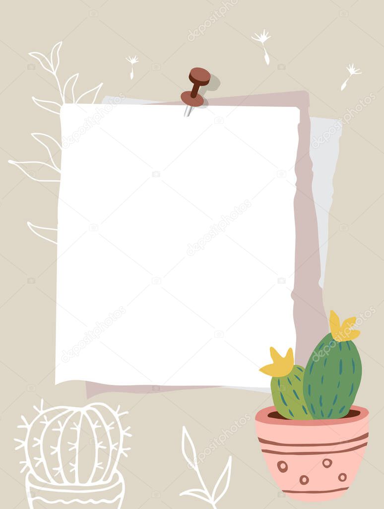 Color sheets of paper pinned to the wall. Note paper, blooming cactus in a pink pot, white outline of cactus, contour of leaves on a light background. Vector illustration, flat style.