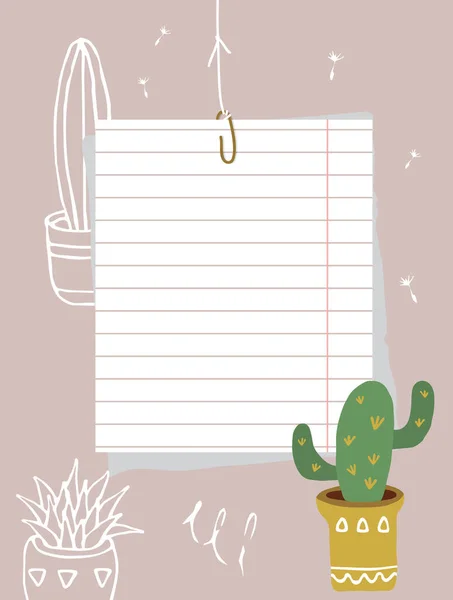 Vel Gelijnd Papier Hangt Aan Een Draad Noteer Papier Cactus — Stockvector