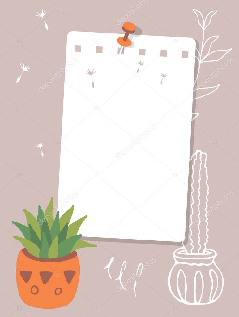 A sheet of notepad pinned to the wall. Note paper, cactus in a red pot, white contours of plants in the background. Vector illustration, flat style.