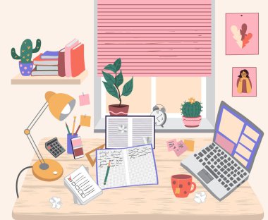 Öğrenci masası. Ders kitabını aç, notları, cetveli, hesap makinesini, laptopu, lambayı masaya bırak. Duvarında kitaplar olan bir kitaplık. Arka planda külüstür bir pencere. Vektör illüstrasyonu.