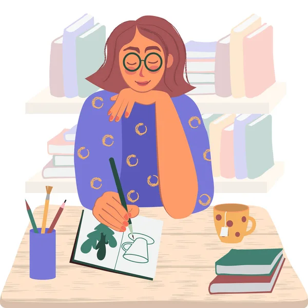 Una Chica Sonriente Con Gafas Dibuja Con Lápiz Cuaderno Libros — Vector de stock