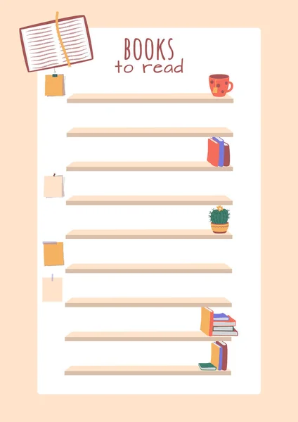 需要阅读的书籍清单 一个阅读清单的模板 装饰有书架 仙人掌 打开的书和茶杯 矢量插图 扁平风格 — 图库矢量图片