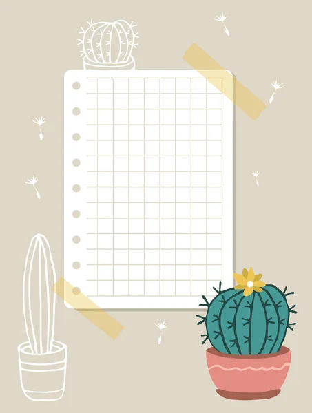 Sheet Checkered Paper Taped Wall Note Paper Cactus Pink Pot — Stock Vector