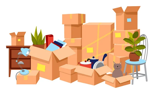 Eve taşınma kavramı. Muhtelif ev eşyalarıyla karton paketleme kutuları. Mutfak gereçleri, kitaplar, bitkiler, sandalye, komodin, kutudaki komik kedi. Çizgi film vektör illüstrasyonuName.