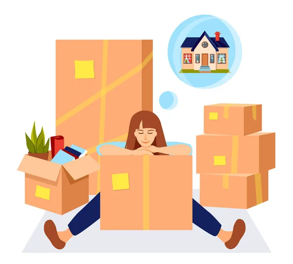 Smiling Girl Sits Floor Dreams New Home Cardboard Packaging Boxes — Stock Vector