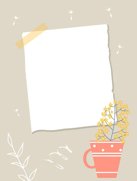 Sheet White Paper Taped Wall Note Paper Yellow Flower Pink — Stock Vector