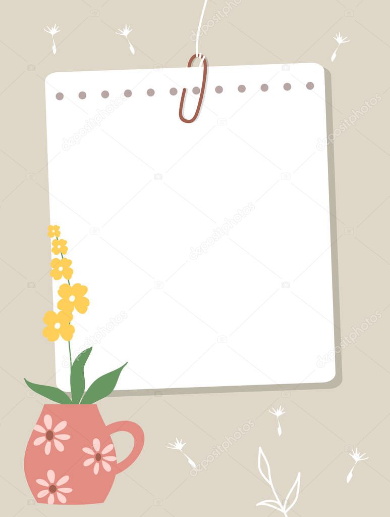 A sheet of notepad hangs on a thread. Note paper, yellow flower in pink mug, white contours of plants in the background. Vector illustration, flat style.