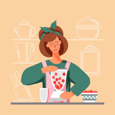 Mutfakta yemek pişiren kız. Genç bayan karıştırıcıda meyve püresi hazırlıyor. Evde yemek pişirme kavramı. Düz biçimli Vektör İllüstrasyonu