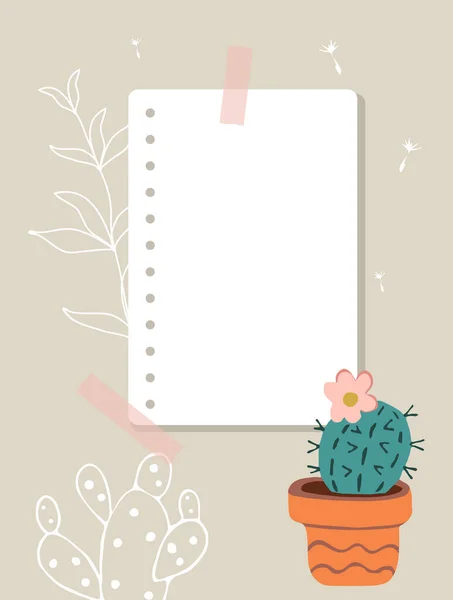 Una Hoja Cuaderno Pegado Pared Nota Papel Cactus Una Olla — Archivo Imágenes Vectoriales