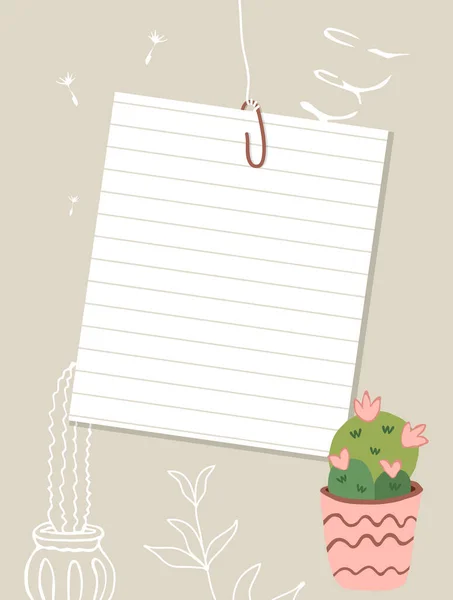 Sheet Ruled Paper Hangs Thread Note Paper Cactus Pink Pot — Stock Vector