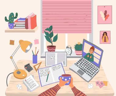 Öğrenci masası. Eller bardağı masanın üzerinde tutsun. Dizüstü bilgisayardaki kadın. Ders kitabını aç, notlu defter, cetvel, hesap makinesi, masanın üzerinde lamba. Çevrimiçi eğitim, uzaktan öğrenme. Vektör illüstrasyonu