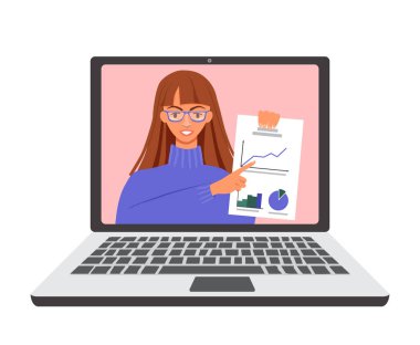 Dizüstü bilgisayardaki kadın öğretmen konuyu açıklıyor. Kız bir kağıt parçasındaki grafiği işaret ediyor. Çevrimiçi eğitim, uzaktan öğrenme, evde eğitim, internet kursu veya özel ders. Vektör izole düz illüstrasyon