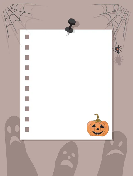Sheet Notepad Pinned Wall Note Paper Smiling Pumpkin Spider Web — Stock Vector