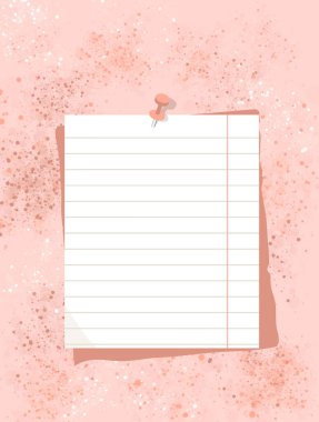 Duvara yapıştırılmış bir defter kağıdı. Pembe suluboya arkaplan üzerine not kağıdı.