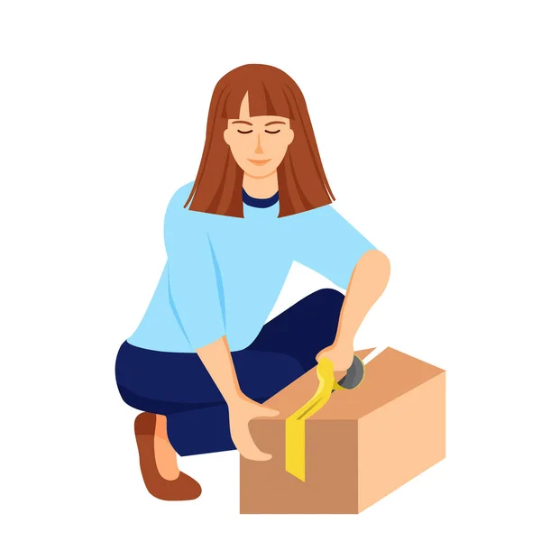 Dziewczyna Zakleja Kartonowe Pudełko Kobieta Pakuje Rzeczy Koncepcja Przeprowadzki Domu — Zdjęcie stockowe